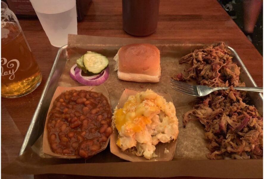 1/2 lb pulled pork plate w/baked beans & Mac from Feast BBQ in Louisville