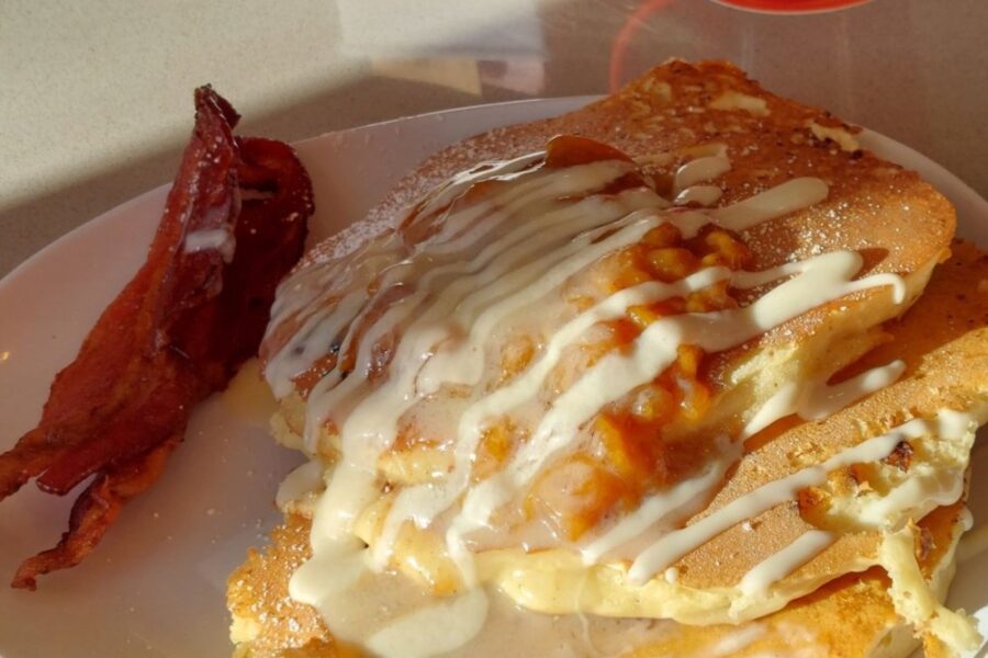 peaches & cream pancakes from Ruby Sunshine in Charleston