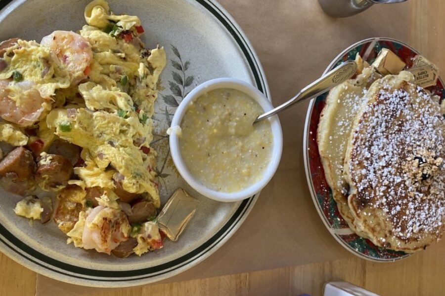 blueberry pancakes and carolina scramble from Three Little Birds in Charleston