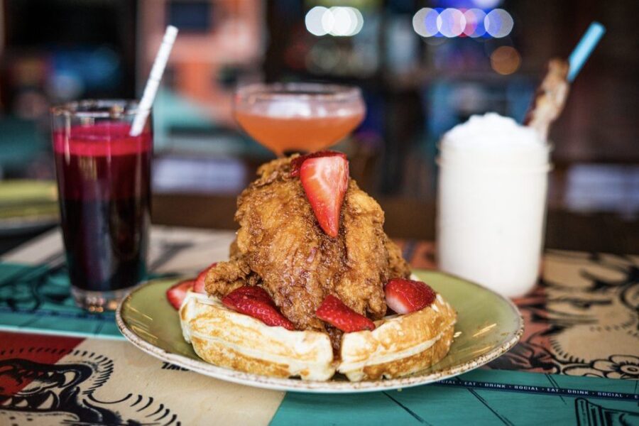 Chicken and Waffles at Punch Bowl Social in San Diego