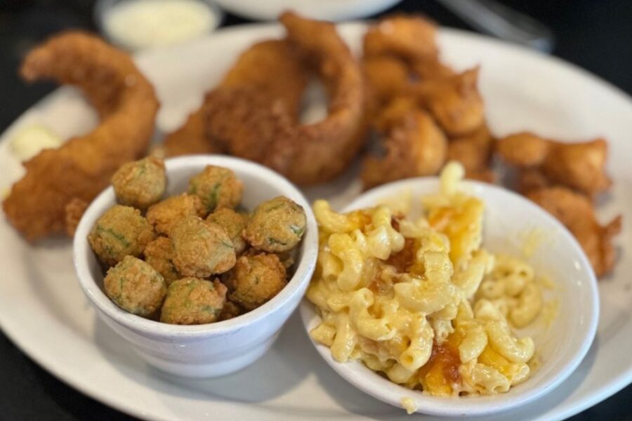 catfish, shrimp, okra, and mac and cheese from Gillie's Seafood in Charleston