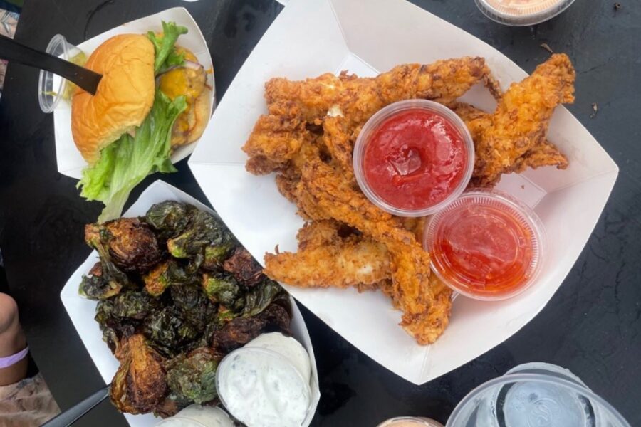 chicken tenders, fried brussels sprouts, moo moo beef burger from Gobble Gobble in Charleston