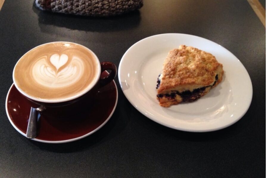 latte and blueberry scone from Metropolis Coffee Denver in Denver