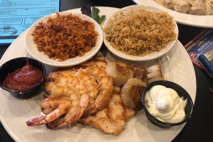 shrimp and sides from Rai Shaun Fyall’s Soul Seafood 5 in Charleston