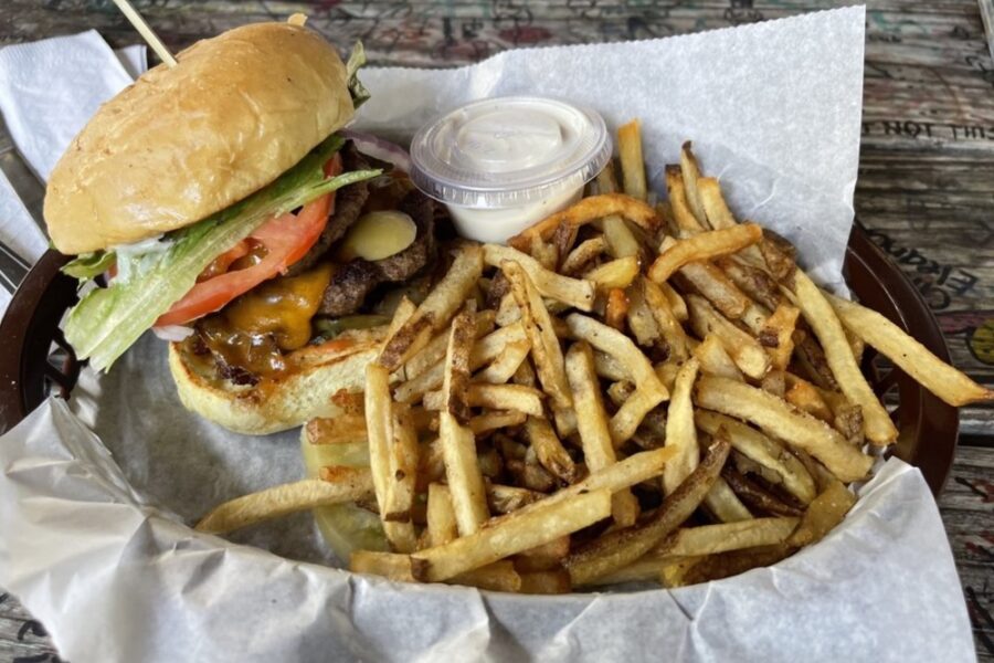 Burger and fries from The Tattooed Moose in Charleston