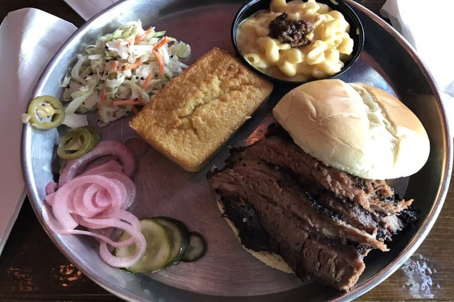 brisket sandwich and sides from Woodstock bbq in Cleveland Ohio