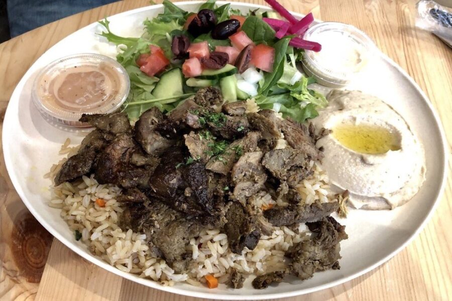 platter with meat, rice, salad and hummus from zaytoon in Cleveland, oh