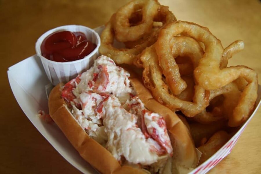 Lobster roll & onion rings from Woodman's of Essex