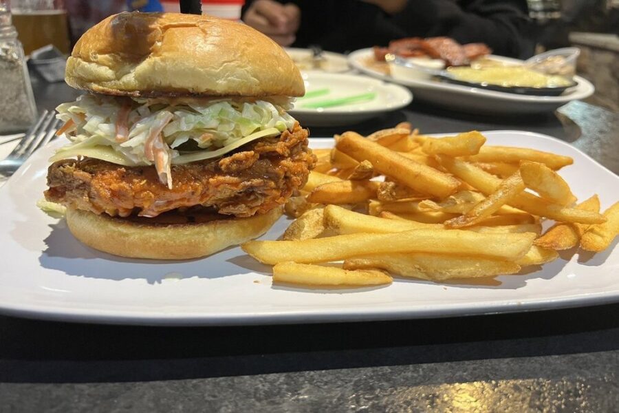 nashville hot chicken sandwich from rivals brew pub in Cleveland Ohio