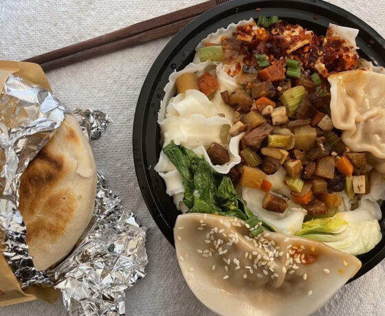 Shaanxi Style Handmade Noodle, Steam Dumplings in Red Hot Sauce, and Rouga Mo Chinese Burger from panda in Washington DC
