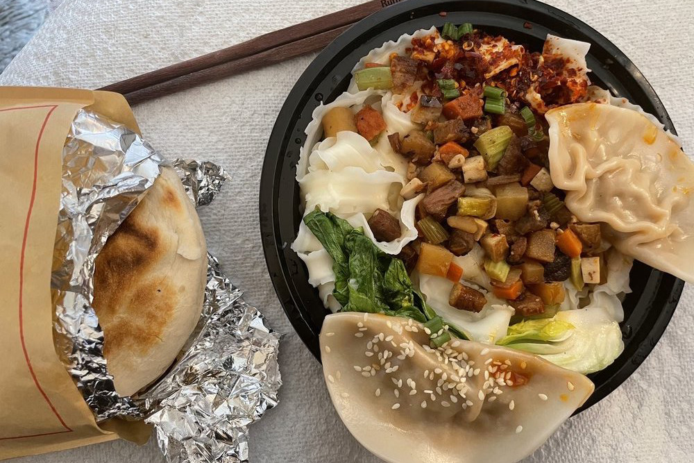 Shaanxi Style Handmade Noodle, Steam Dumplings in Red Hot Sauce, and Rouga Mo Chinese Burger from panda in Washington DC