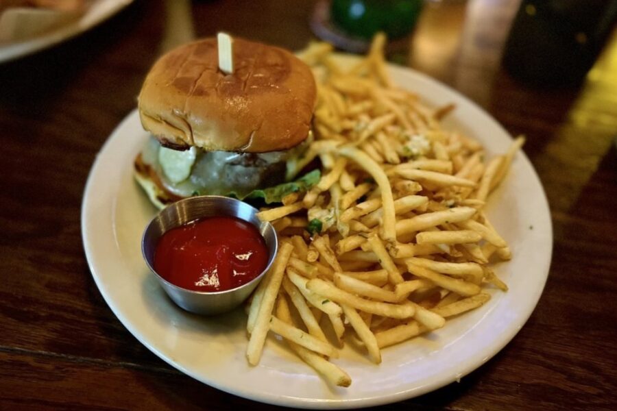 Burger and fries in Hardwood Arms in Dallas