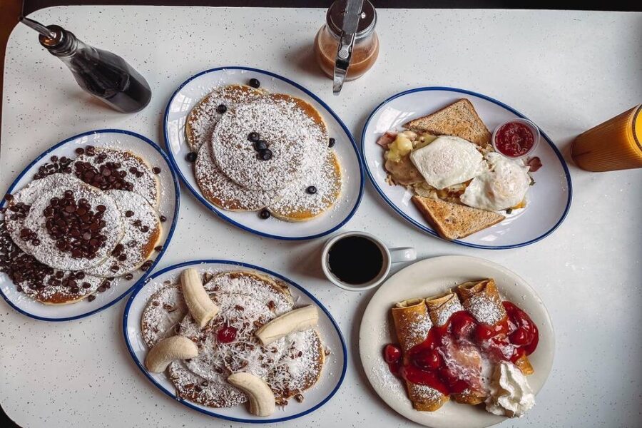 multiple breakfast items and pancake plates from pancake pantry in nashville