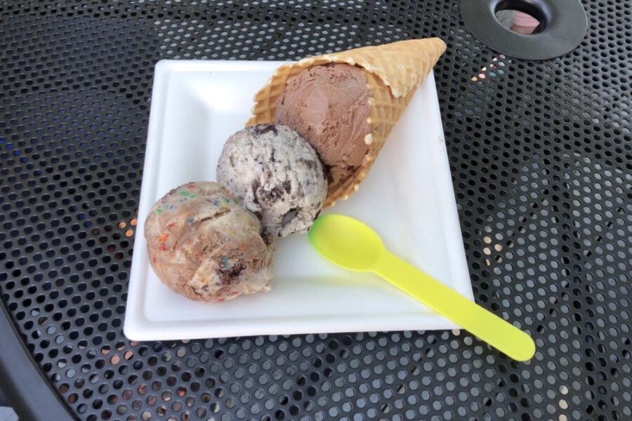 birthday cake, cookies and cream and chocolate on a waffle cone from Cotton & Snow in Boston