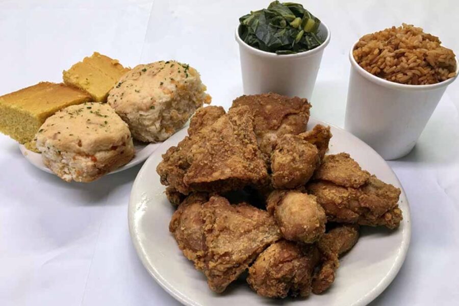 fried chicken and sides from Workmen’s Cafe in Charleston