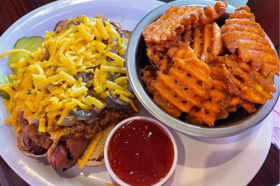 Hot dog and sweet potato fries at Angry Dog Dallas