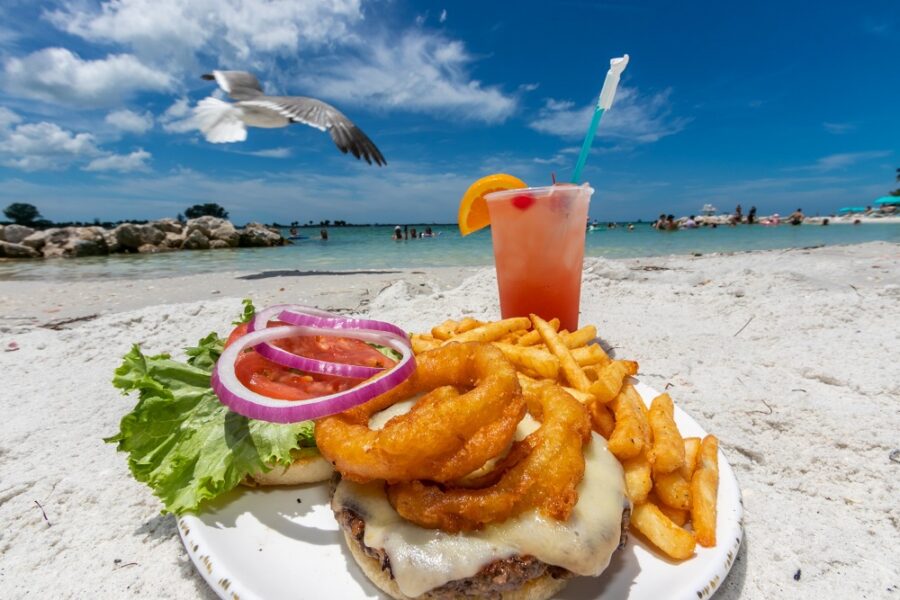 Swiss with Onion Rings Burger and a Rum Runner at Cabanas Coastal Grill in tampa