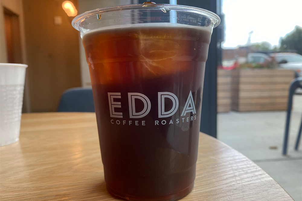 Cup of cold brew with the word "Edda" on the front