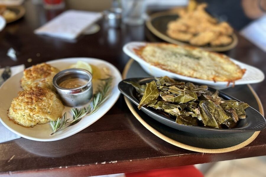 Crab Cakes, Collard Greens and Mac & Cheese at Dasha Barbour's in Louisville