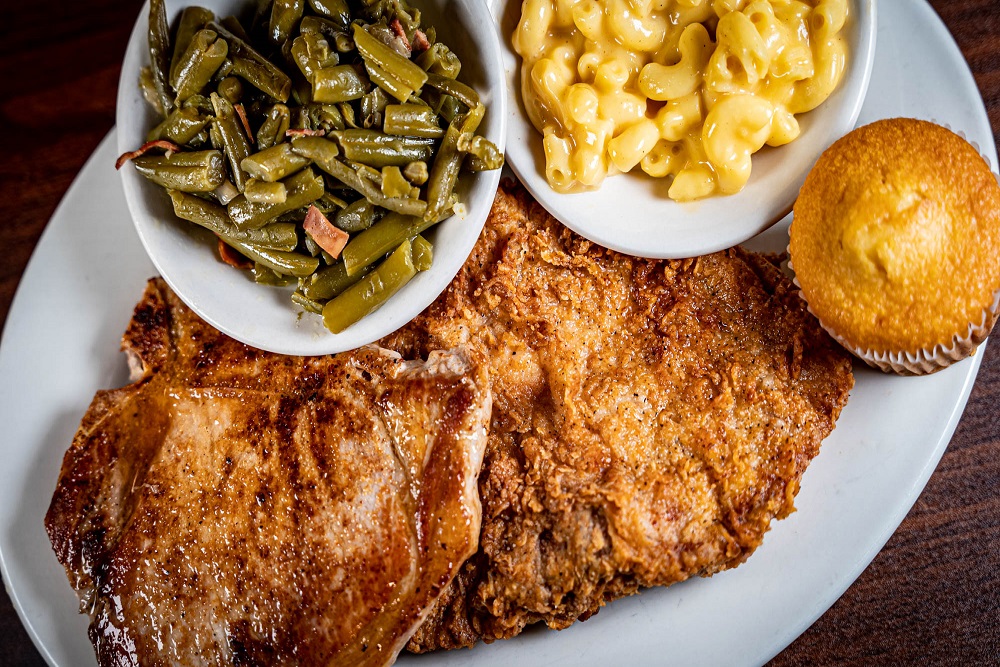 Pork Chops, Green Beans, Mac and Cheese and Cornbread at The Cottage Inn Restaurant in Louisville