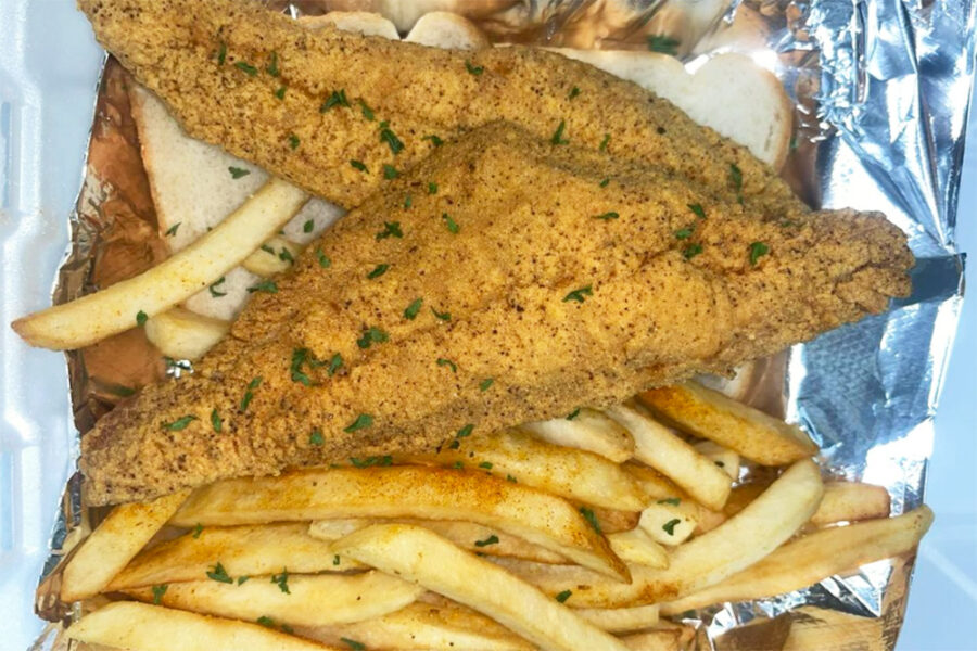 fried catfish and fries from soulful choices in Louisville