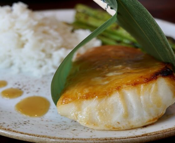 Chilean Sea Bass, Jasmine Rice and Asparagus at Clear Sky Cafe in clear water Florida