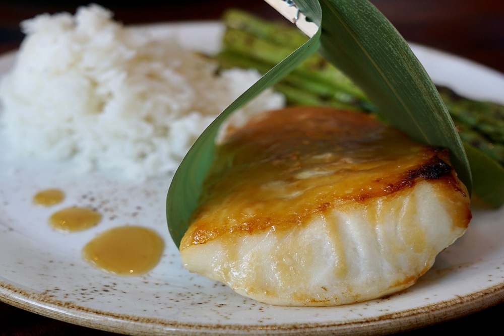 Chilean Sea Bass, Jasmine Rice and Asparagus at Clear Sky Cafe in clear water Florida