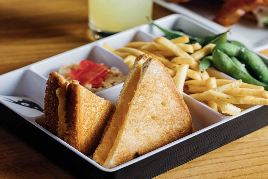 Kids Bento Box with Edamame, Grilled Cheese and Fries at Cowfish in Charlotte nc